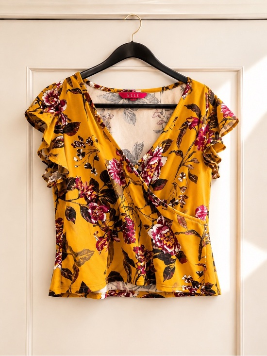 no bran Other - PLUS SIZE SET Mustard Floral Surplice Ruffle Sleeve Top With Matching Pants 2x